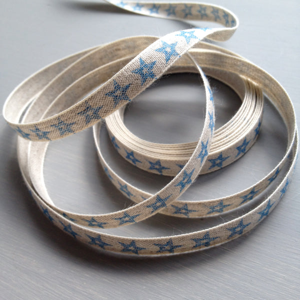 Linen star ribbon 13mm wide, blue black and red star design available