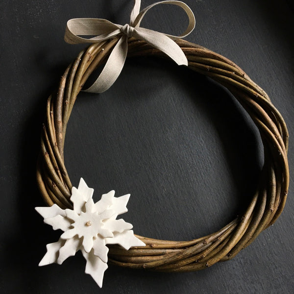 willow wreath with porcelain detail snowflake decoration