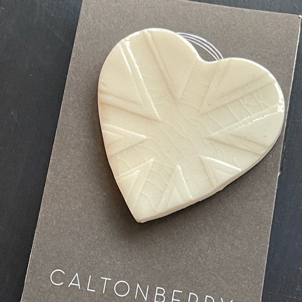 Union Jack heart brooch with crackle glae 