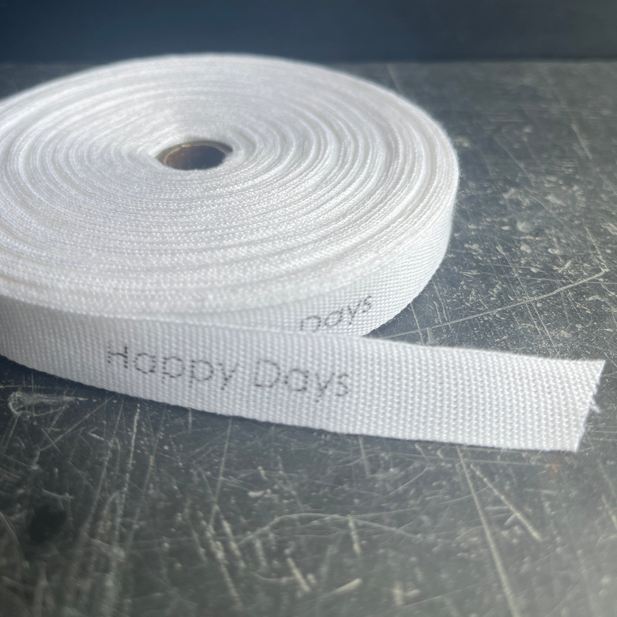 White cotton 15mm ribbon with personalised message