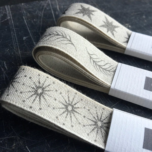 Linen ribbon with feather design from Caltonberry made in the Uk