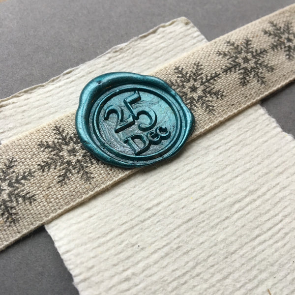 Linen ribbon with snowflake design 19mm wide made in the UK