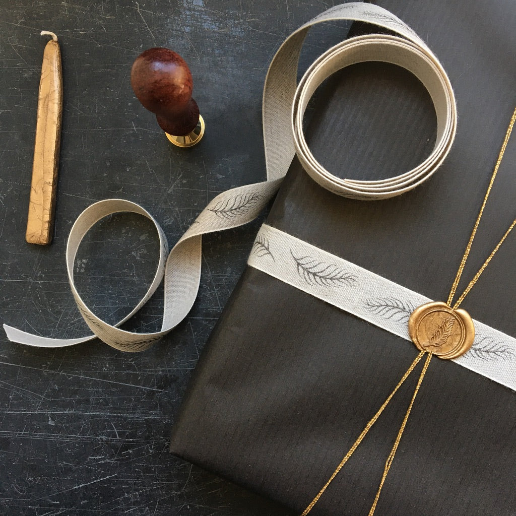 Natural linen ribbon with featheR design