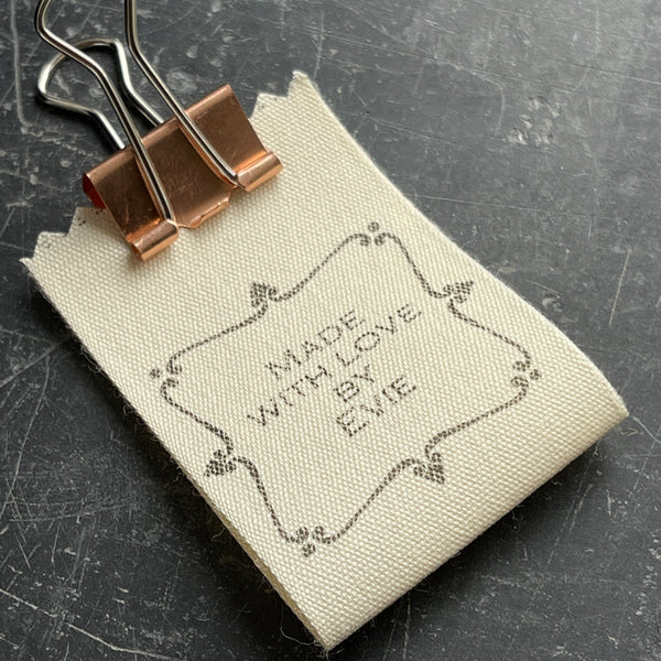 cotton label, fold over personalised